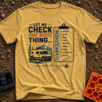 Just One More Check - T-Shirt in Mustard - A graphic featuring a white camper van parked by a campfire and camp chair...