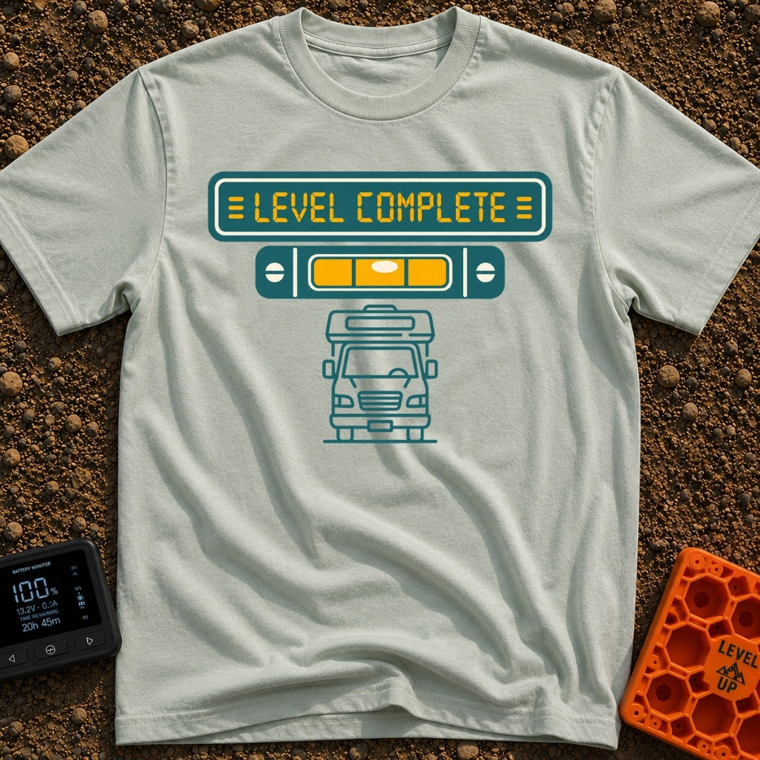 Finally Level Complete - T-Shirt in Bay - A graphical design featuring a teal sign with yellow text reading 'LEVEL...