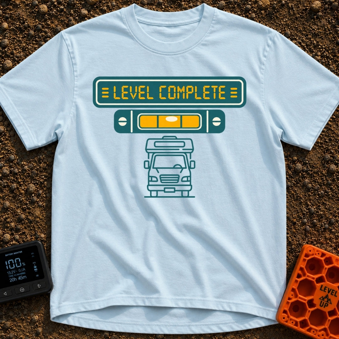 Finally Level Complete - T-Shirt in Chambray - A graphical design featuring a teal sign with yellow text reading 'LEVEL...