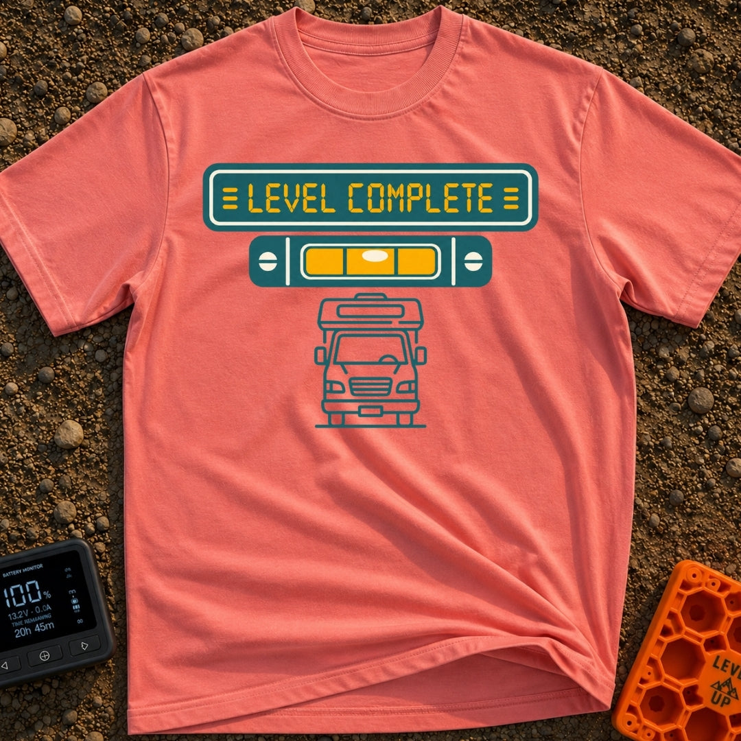 Finally Level Complete - T-Shirt in Watermelon - A graphical design featuring a teal sign with yellow text reading 'LEVEL...