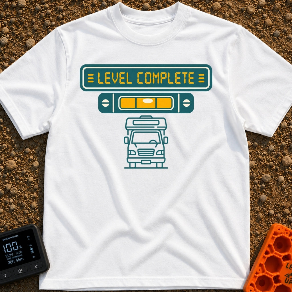 Finally Level Complete - T-Shirt in White - A graphical design featuring a teal sign with yellow text reading 'LEVEL...