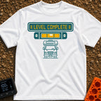 Finally Level Complete - T-Shirt in White - A graphical design featuring a teal sign with yellow text reading 'LEVEL...