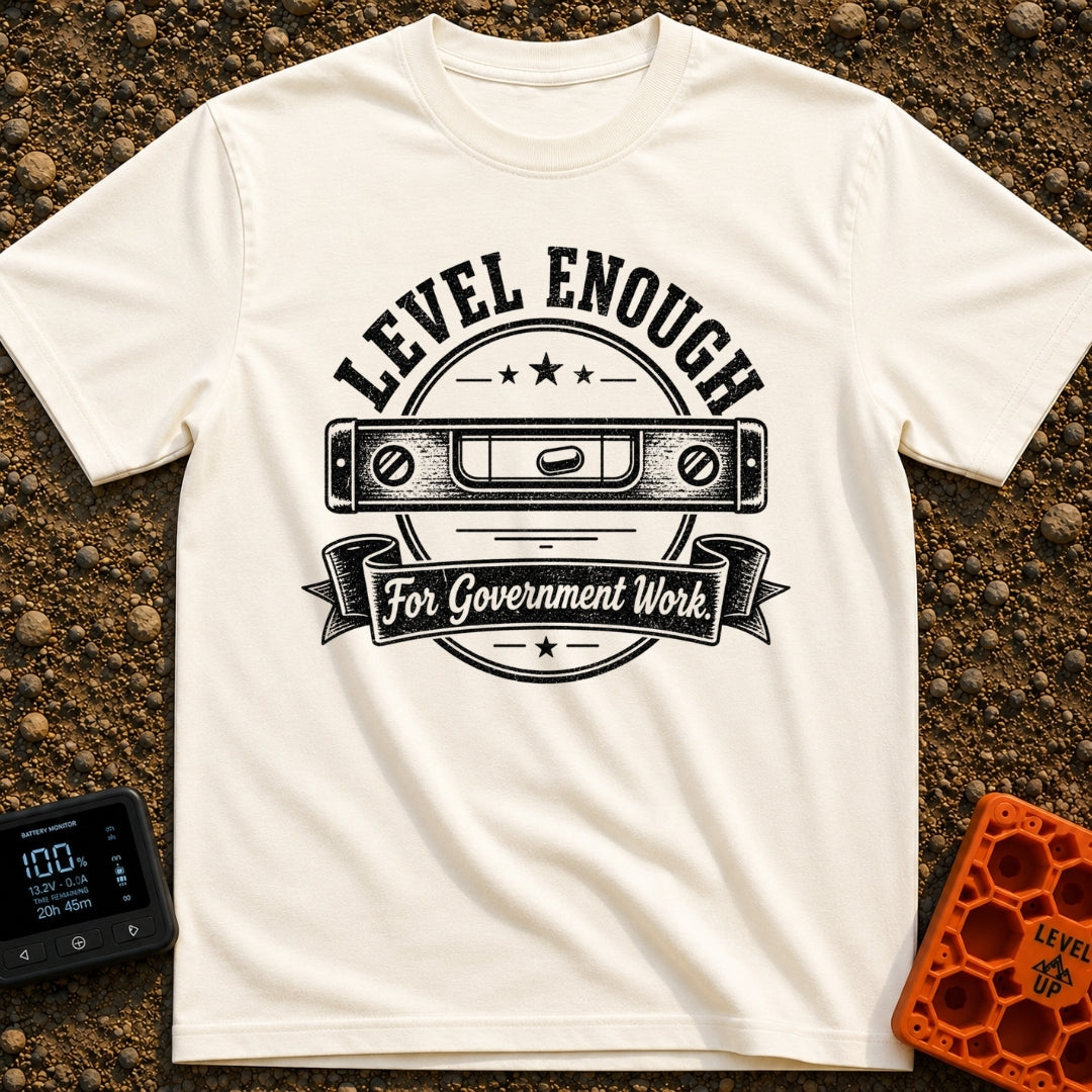 Looks Level To Me - T-Shirt in Ivory - A distressed, black-and-white circular badge design featuring a horizontal spirit...