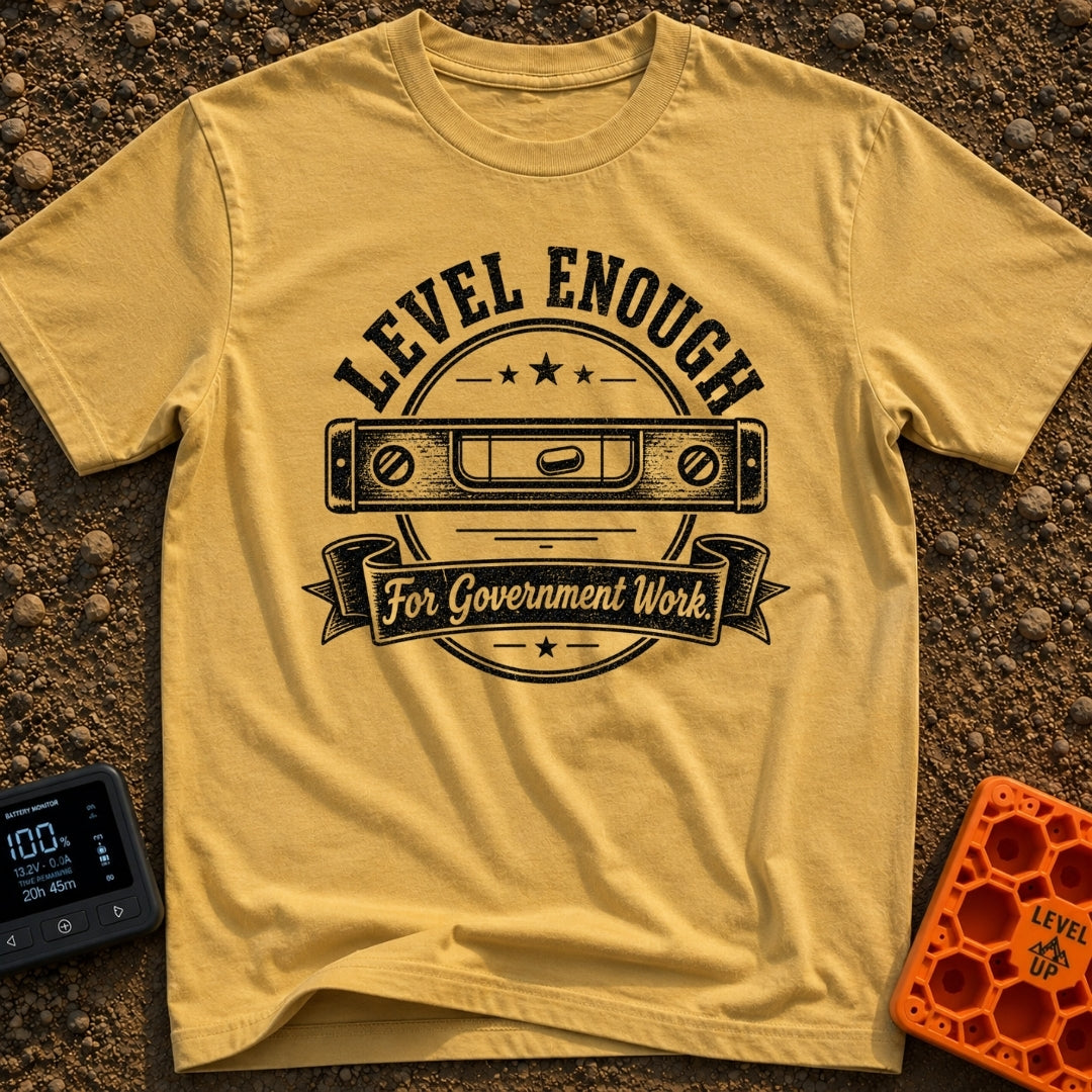 Looks Level To Me - T-Shirt in Mustard - A distressed, black-and-white circular badge design featuring a horizontal...