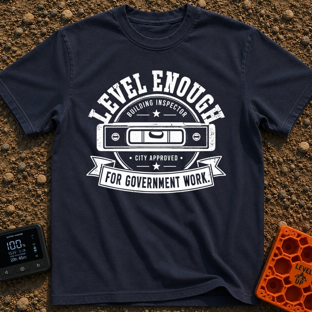 Looks Level To Me - T-Shirt in Navy - A distressed, black-and-white circular badge design featuring a horizontal spirit...