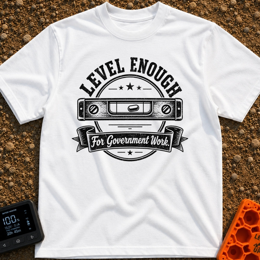 Looks Level To Me - T-Shirt in White - A distressed, black-and-white circular badge design featuring a horizontal spirit...