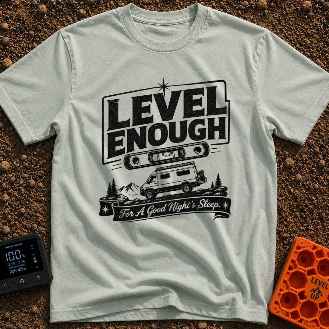 Almost Level Motel - T-Shirt in Bay - A black and white graphic showing the text "LEVEL ENOUGH" above a spirit level tool...