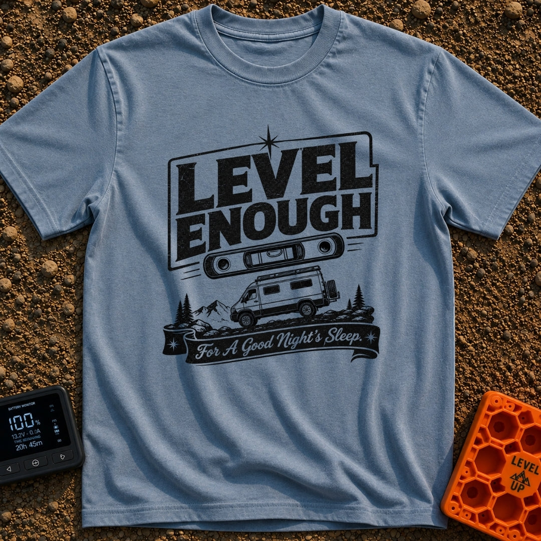 Almost Level Motel - T-Shirt in Blue Jean - A black and white graphic showing the text "LEVEL ENOUGH" above a spirit...