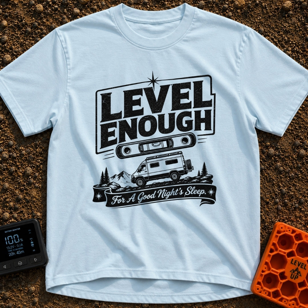 Almost Level Motel - T-Shirt in Chambray - A black and white graphic showing the text "LEVEL ENOUGH" above a spirit level...