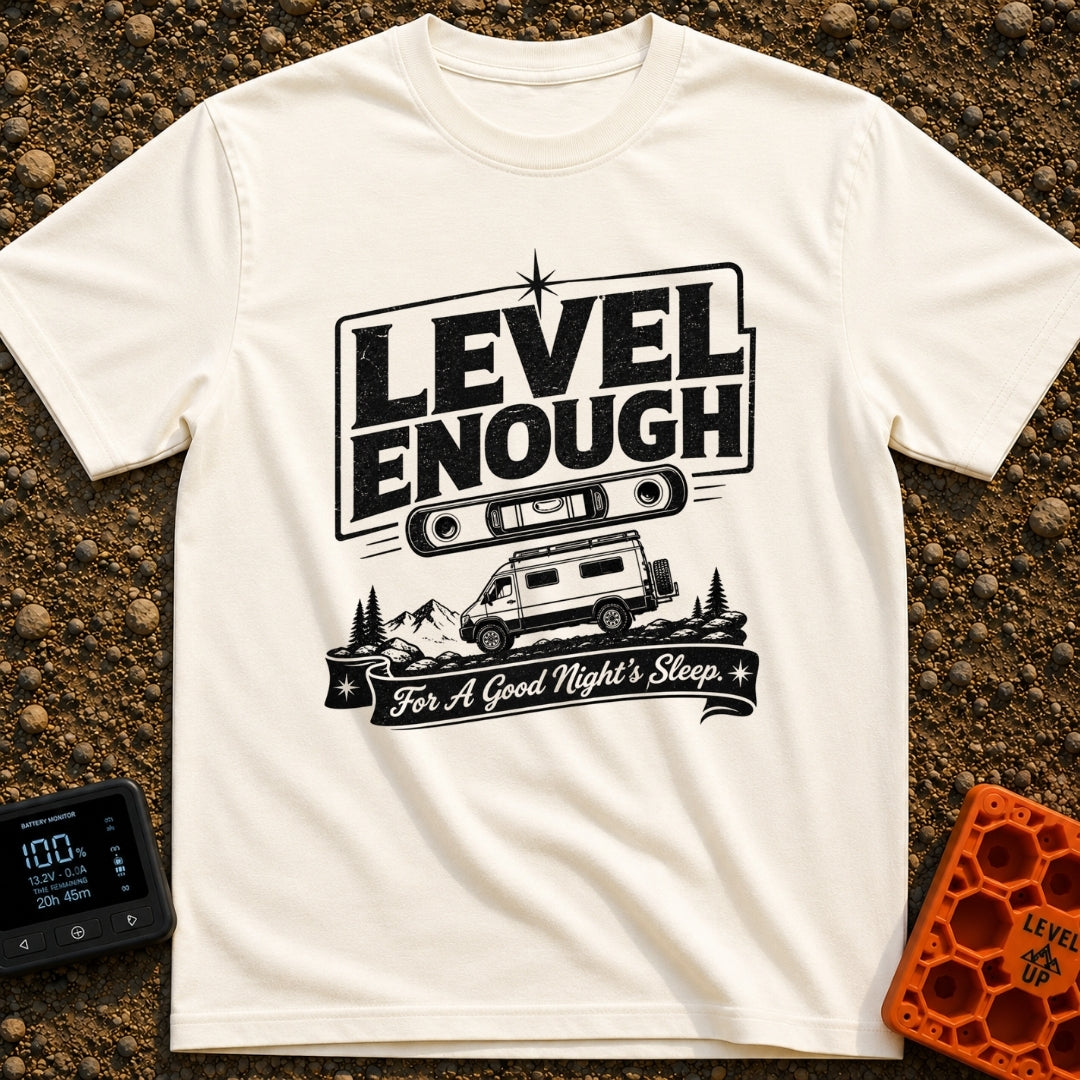 Almost Level Motel - T-Shirt in Ivory - A black and white graphic showing the text "LEVEL ENOUGH" above a spirit level...