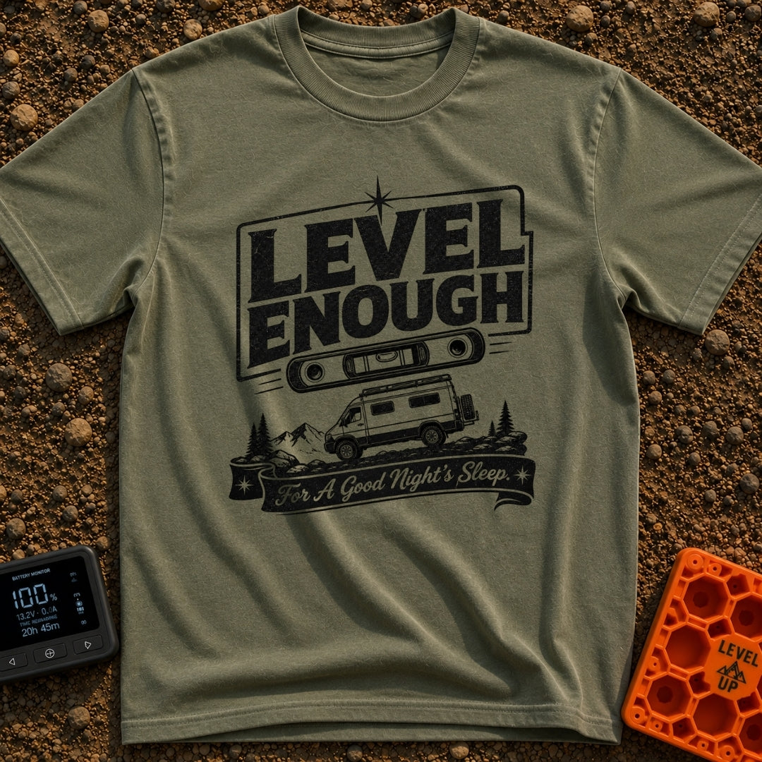 Almost Level Motel - T-Shirt in Moss - A black and white graphic showing the text "LEVEL ENOUGH" above a spirit level...