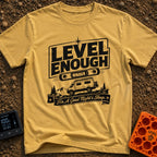 Almost Level Motel - T-Shirt in Mustard - A black and white graphic showing the text "LEVEL ENOUGH" above a spirit level...