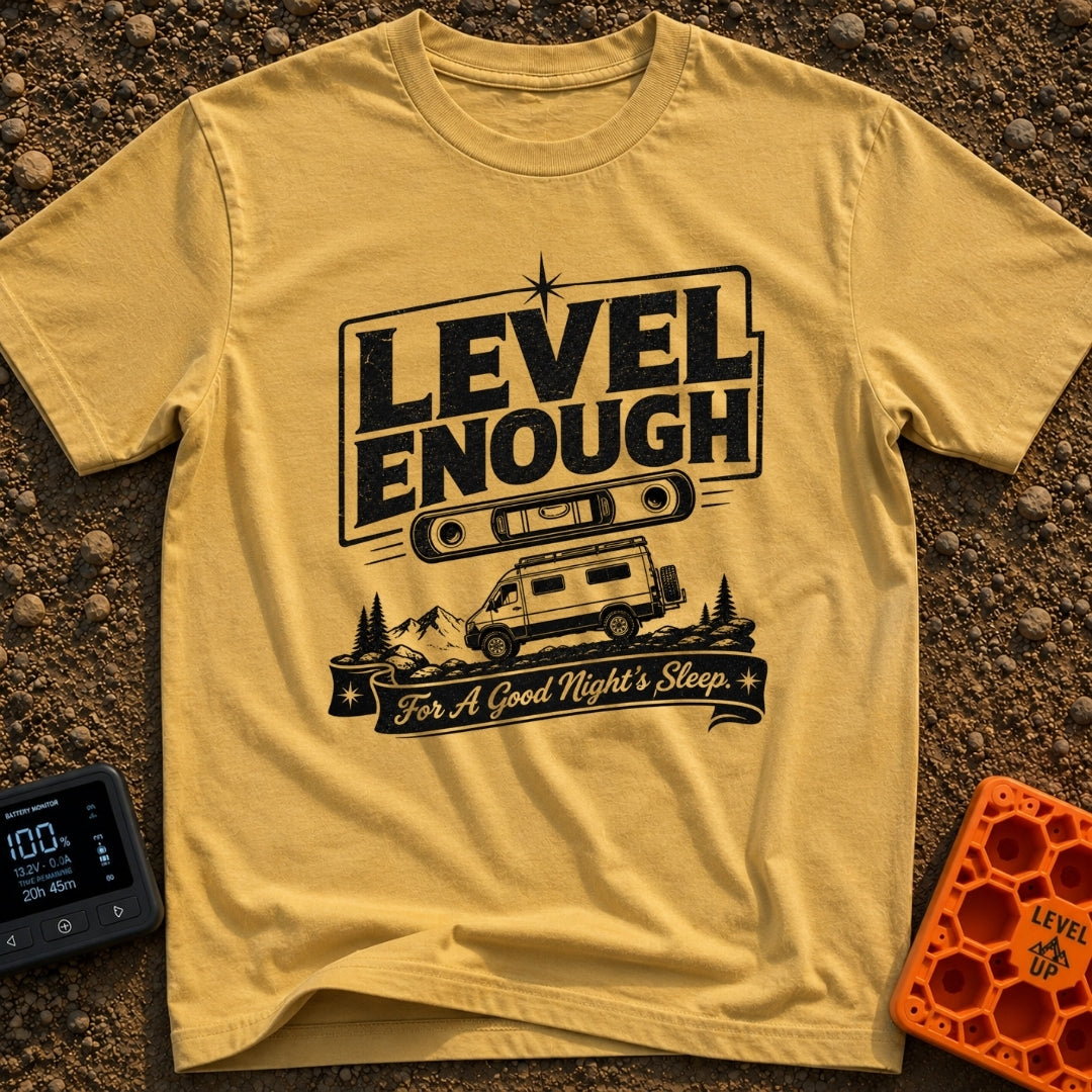 Almost Level Motel - T-Shirt in Mustard - A black and white graphic showing the text "LEVEL ENOUGH" above a spirit level...