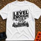 Almost Level Motel - T-Shirt in White - A black and white graphic showing the text "LEVEL ENOUGH" above a spirit level...