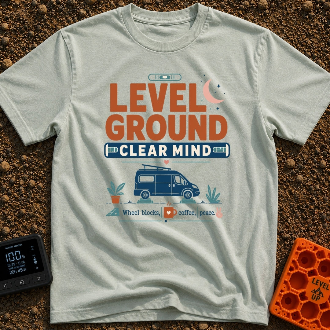 Level Headed Nomad - T-Shirt in Bay - A typographic graphic reading "LEVEL GROUND CLEAR MIND" featuring a blue camper van...