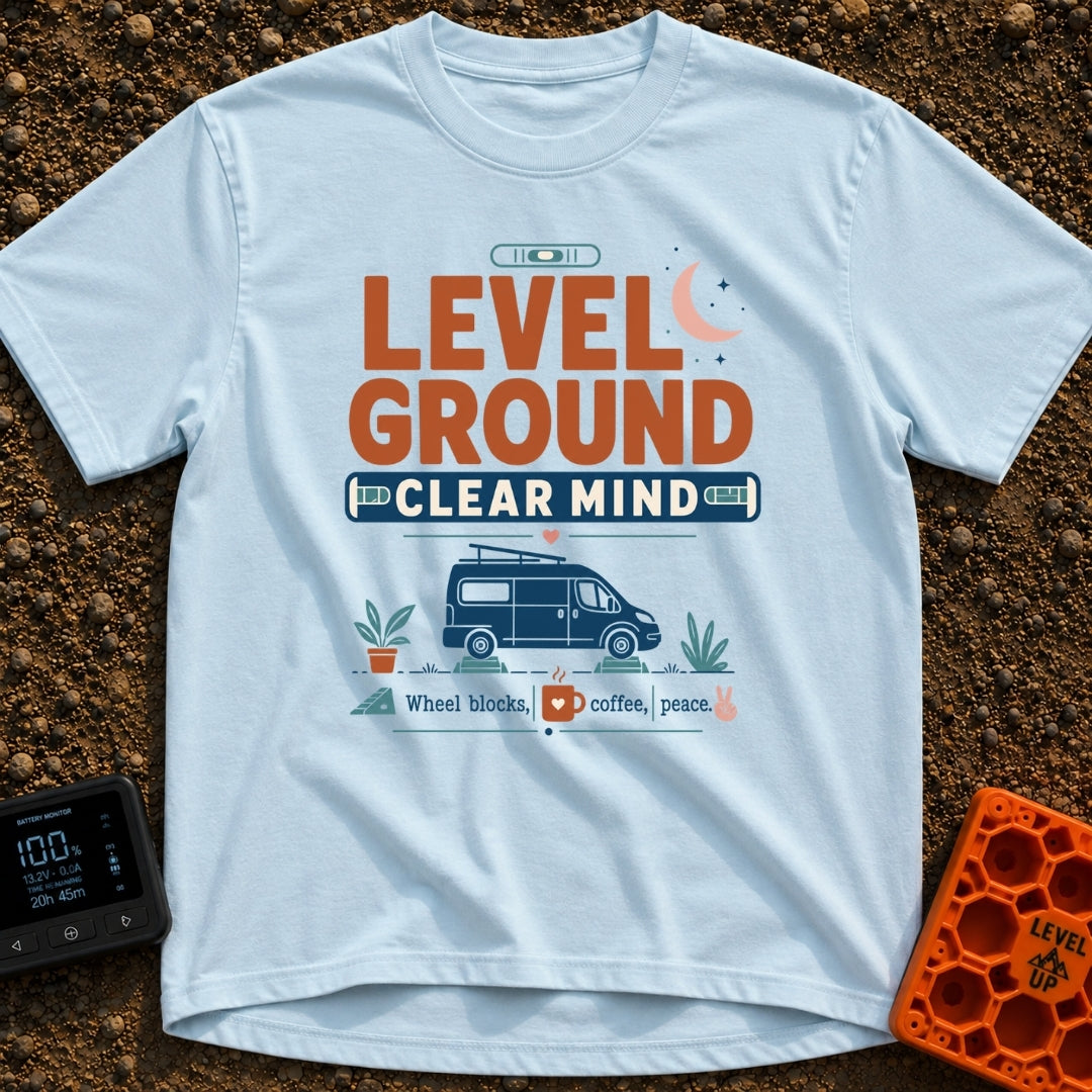 Level Headed Nomad - T-Shirt in Chambray - A typographic graphic reading "LEVEL GROUND CLEAR MIND" featuring a blue...