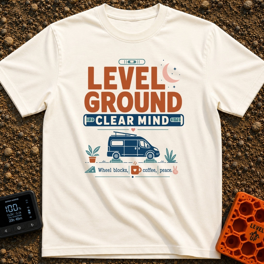 Level Headed Nomad - T-Shirt in Ivory - A typographic graphic reading "LEVEL GROUND CLEAR MIND" featuring a blue camper...