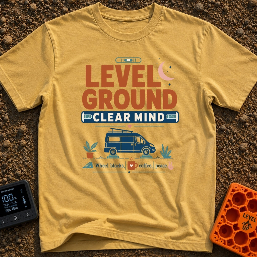 Level Headed Nomad - T-Shirt in Mustard - A typographic graphic reading "LEVEL GROUND CLEAR MIND" featuring a blue camper...