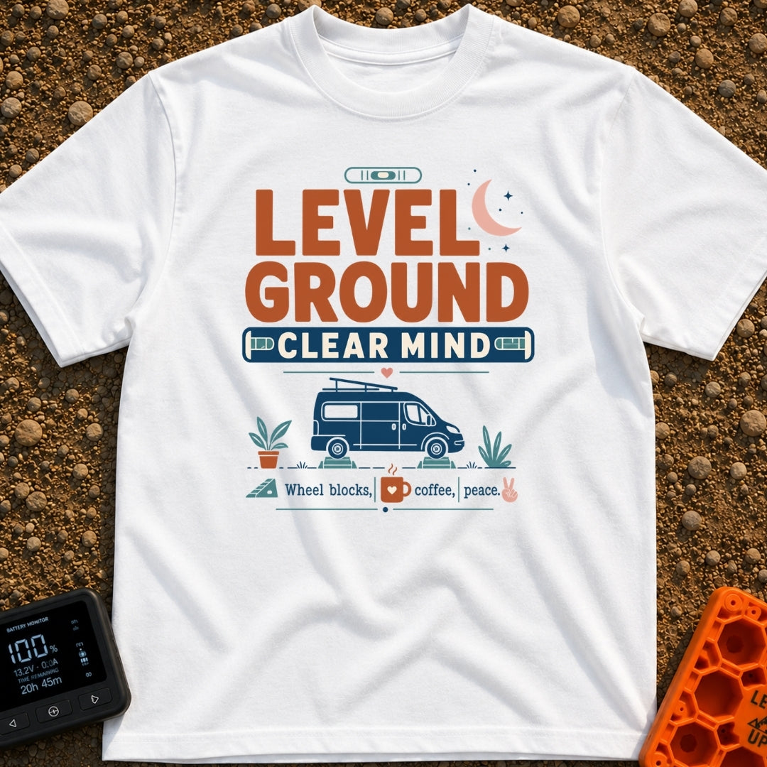 Level Headed Nomad - T-Shirt in White - A typographic graphic reading "LEVEL GROUND CLEAR MIND" featuring a blue camper...