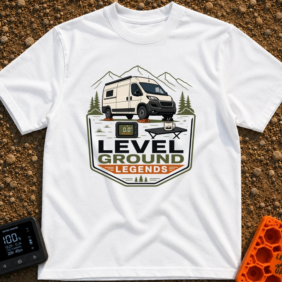Level Ground Legends - T-Shirt in White - A white camper van parked on orange leveling blocks in front of mountains and...