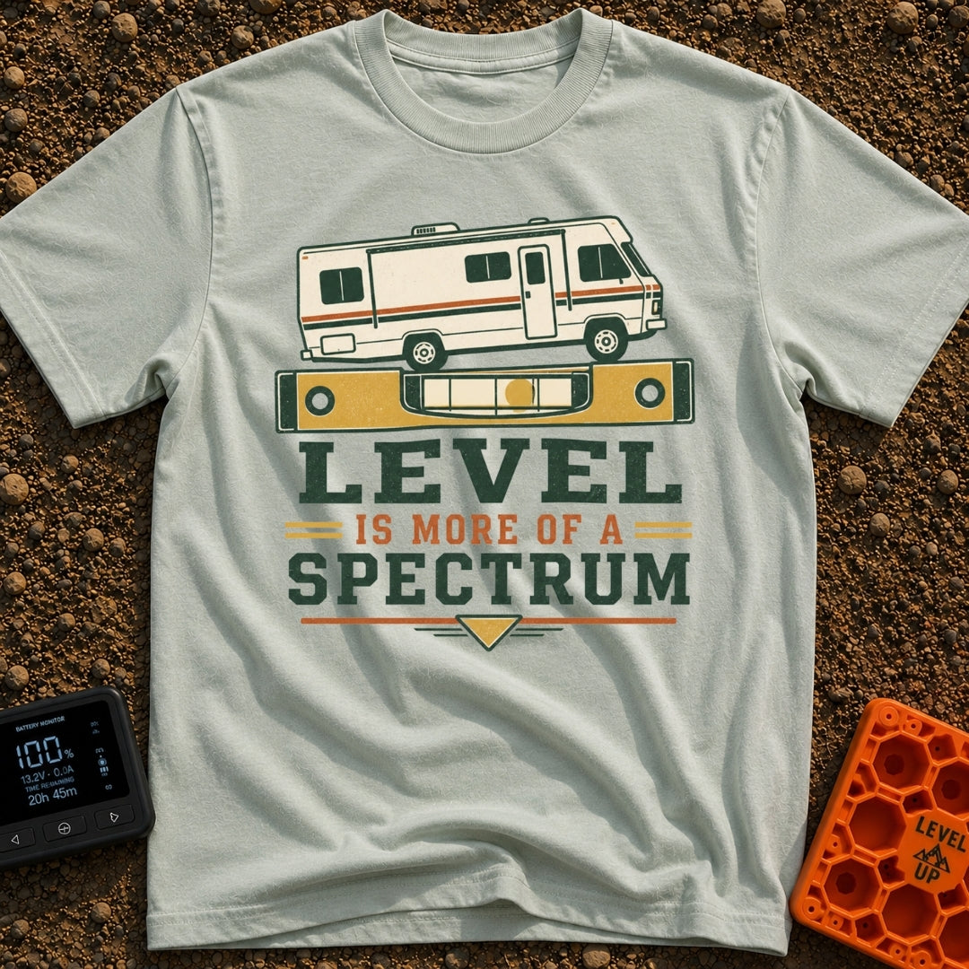 Level Is A Spectrum - T-Shirt in Bay - A graphic of a vintage Class A motorhome parked on top of a large yellow spirit...