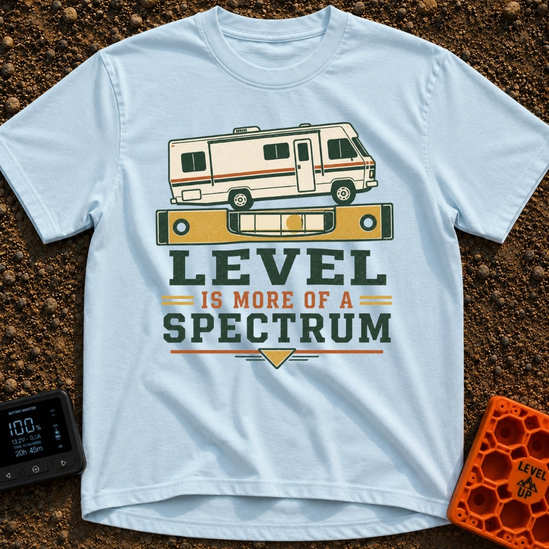 Level Is A Spectrum - T-Shirt in Chambray - A graphic of a vintage Class A motorhome parked on top of a large yellow...