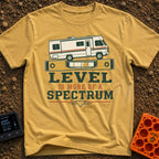 Level Is A Spectrum - T-Shirt in Mustard - A graphic of a vintage Class A motorhome parked on top of a large yellow...