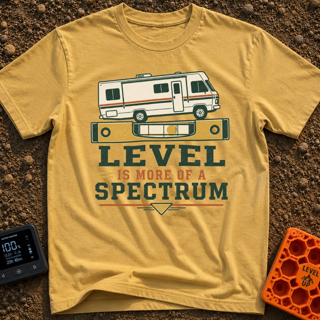 Level Is A Spectrum - T-Shirt in Mustard - A graphic of a vintage Class A motorhome parked on top of a large yellow...