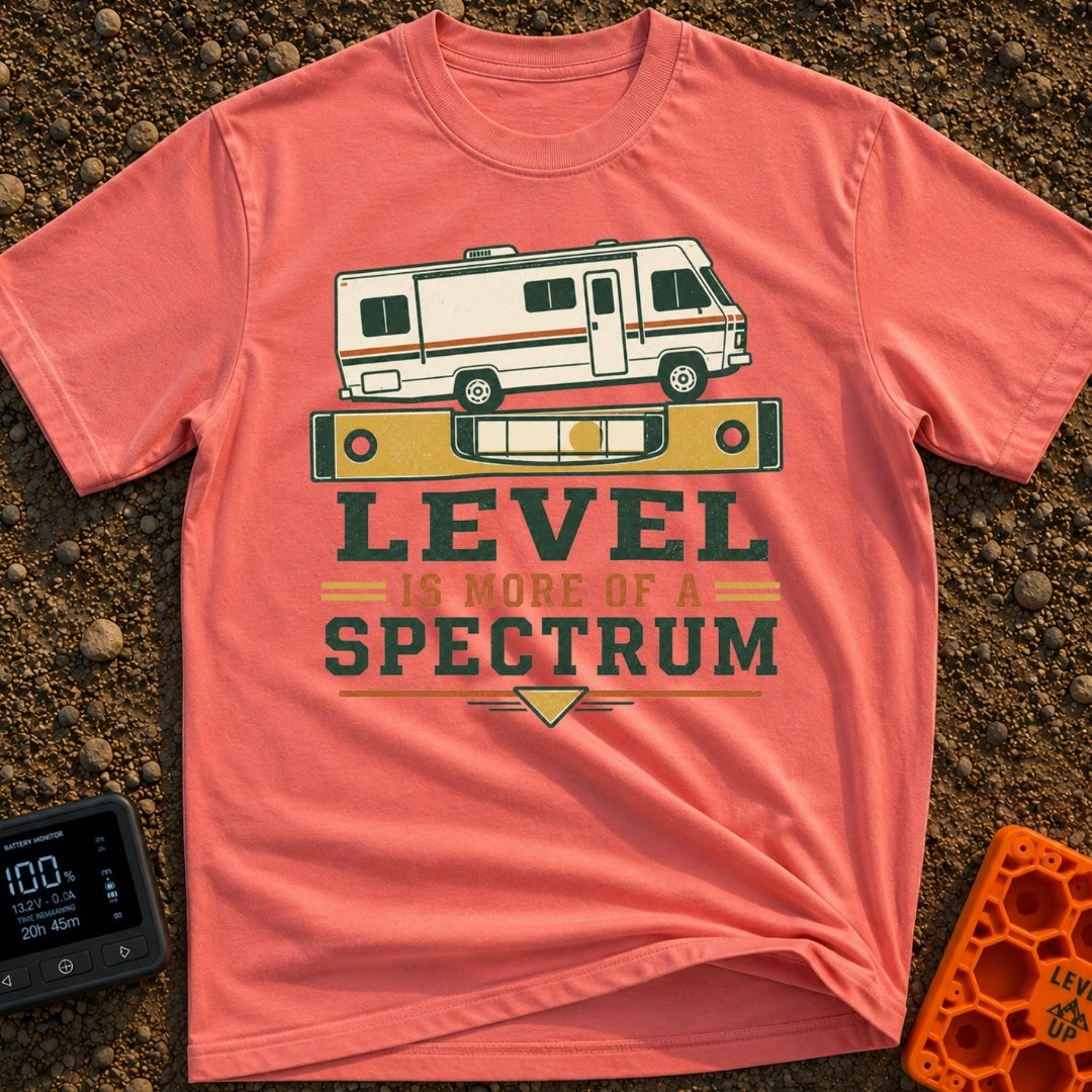 Level Is A Spectrum - T-Shirt in Watermelon - A graphic of a vintage Class A motorhome parked on top of a large yellow...