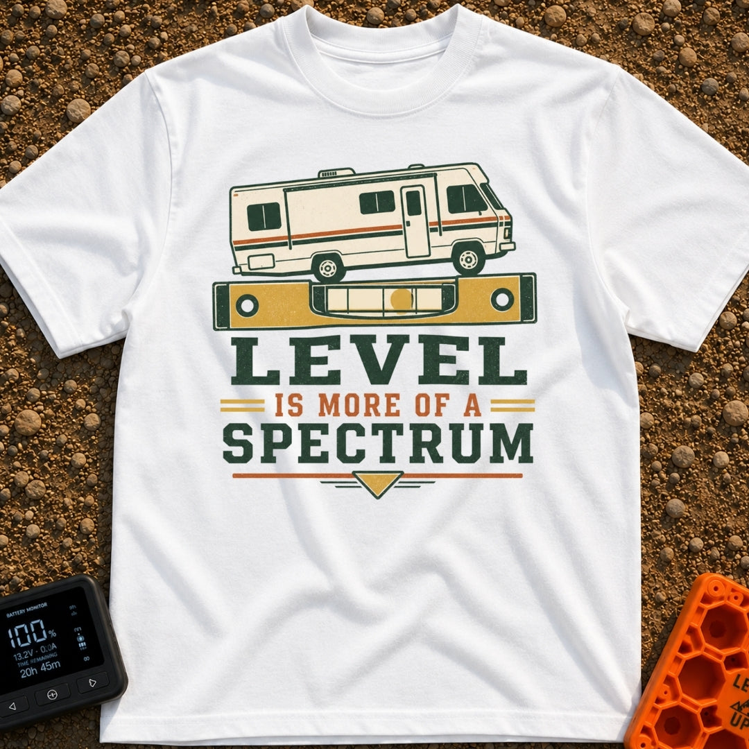 Level Is A Spectrum - T-Shirt in White - A graphic of a vintage Class A motorhome parked on top of a large yellow spirit...