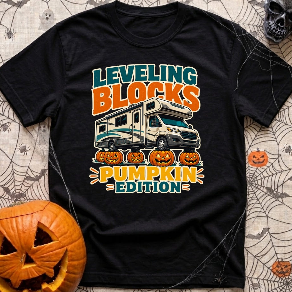 Pumpkin Spice Leveling - T-Shirt in Black - A graphic showing a Class C motorhome parked with its tires resting on top of...