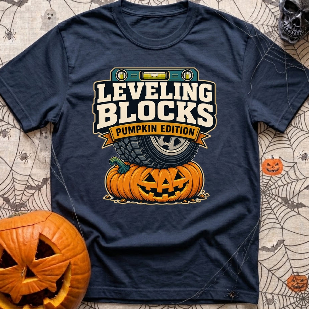 Next Level Gourds - T-Shirt in Navy - A graphic illustration showing a large off-road vehicle tire parked directly on top...