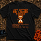 Escape The Loading Screen - T-Shirt in Black - A retro 8-bit style graphic featuring an orange hourglass with the word...