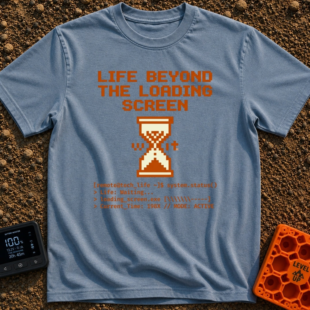 Escape The Loading Screen - T-Shirt in Blue Jean - A retro 8-bit style graphic featuring an orange hourglass with the...