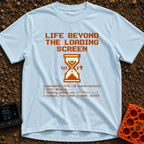 Escape The Loading Screen - T-Shirt in Chambray - A retro 8-bit style graphic featuring an orange hourglass with the word...