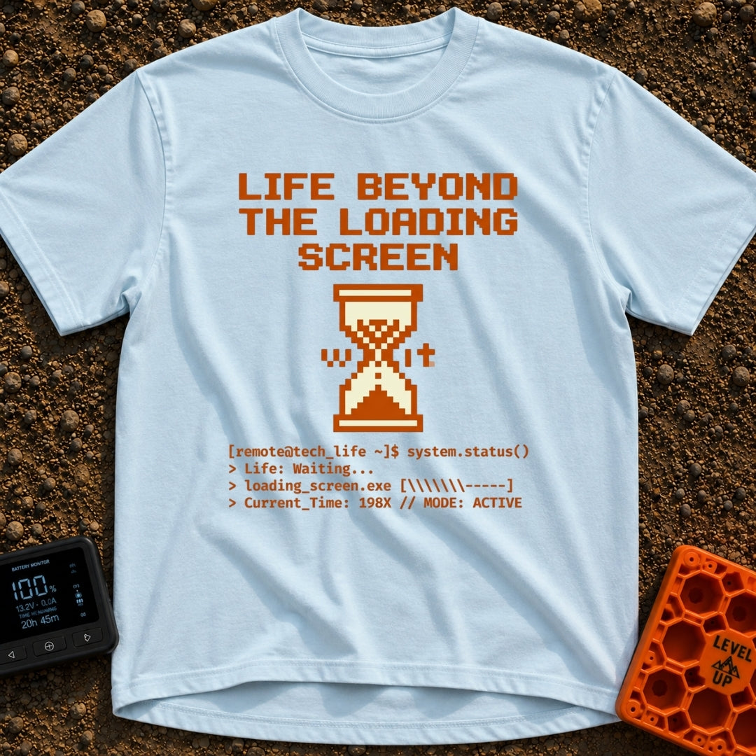 Escape The Loading Screen - T-Shirt in Chambray - A retro 8-bit style graphic featuring an orange hourglass with the word...