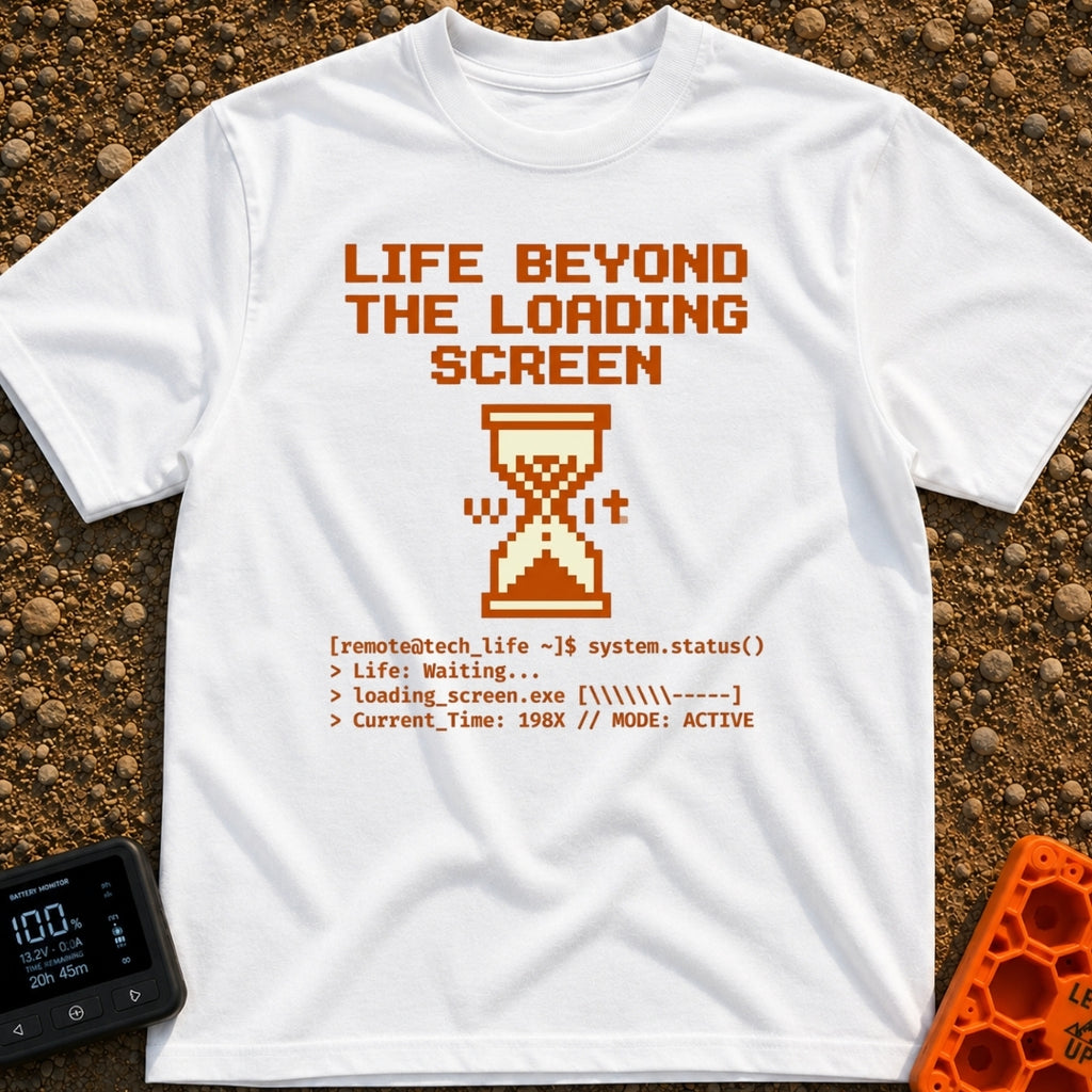 Escape The Loading Screen - T-Shirt in White - A retro 8-bit style graphic featuring an orange hourglass with the word...