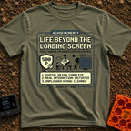 Level Up Offline - T-Shirt in Moss - A retro pixel art graphic styled like a video game achievement pop-up, featuring...