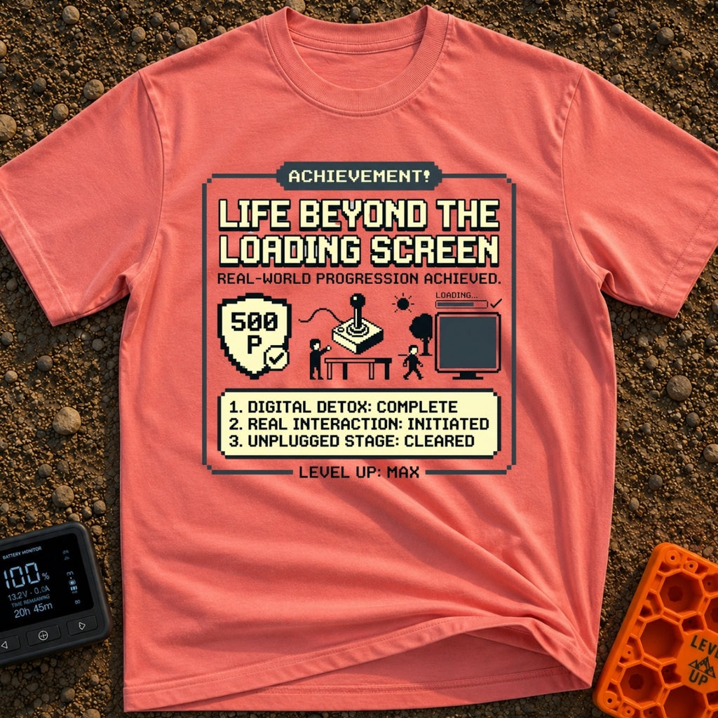Level Up Offline - T-Shirt in Watermelon - A retro pixel art graphic styled like a video game achievement pop-up,...