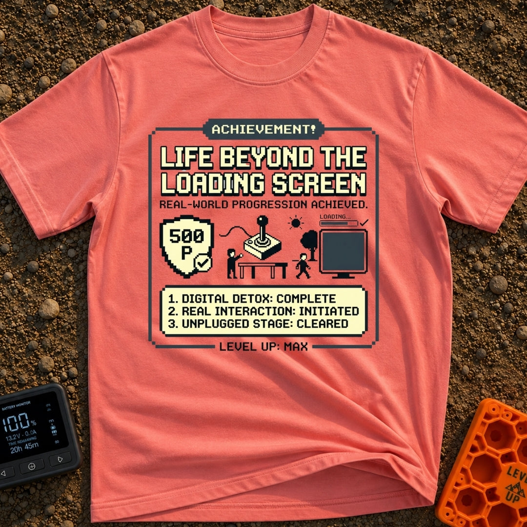 Level Up Offline - T-Shirt in Watermelon - A retro pixel art graphic styled like a video game achievement pop-up,...