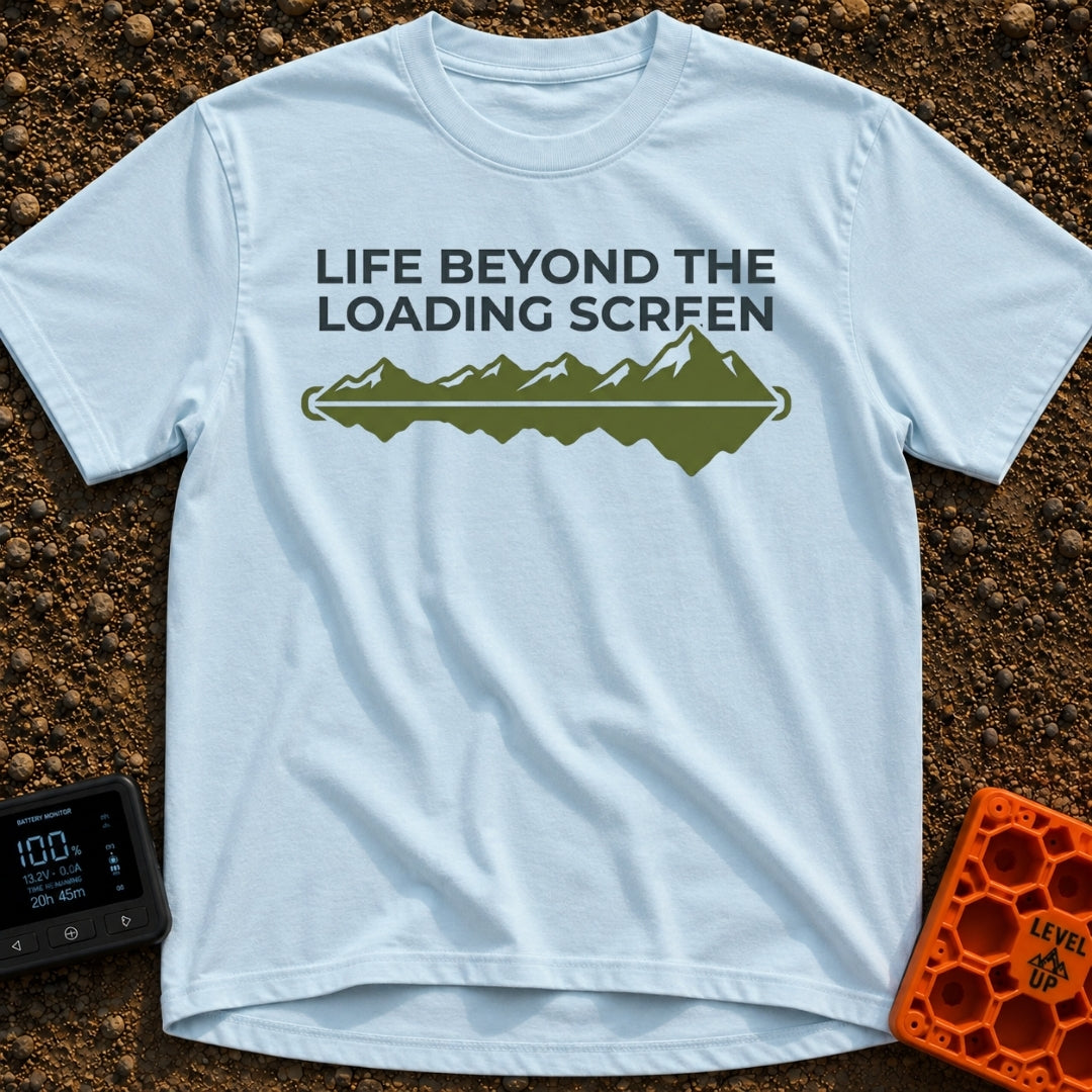 Outside Is Loading - T-Shirt in Chambray - The design features the text "LIFE BEYOND THE LOADING SCREEN" above a green...