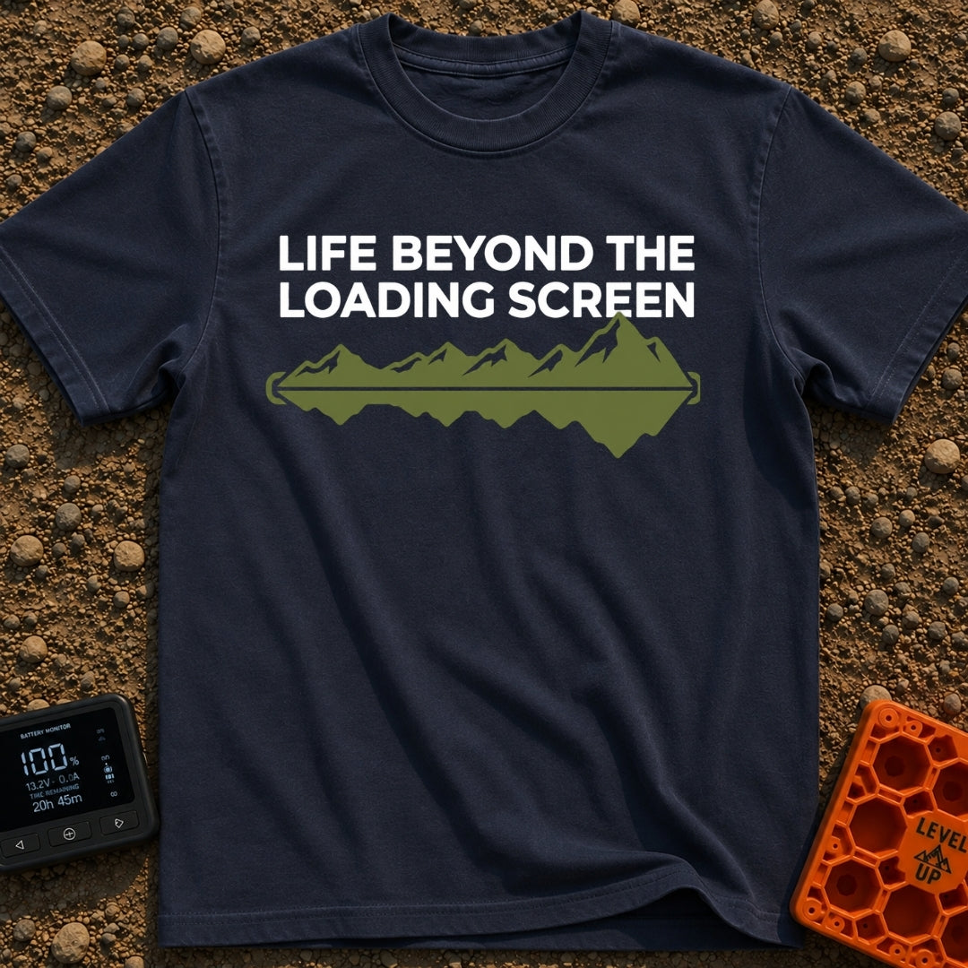 Outside Is Loading - T-Shirt in Navy - The design features the text "LIFE BEYOND THE LOADING SCREEN" above a green...