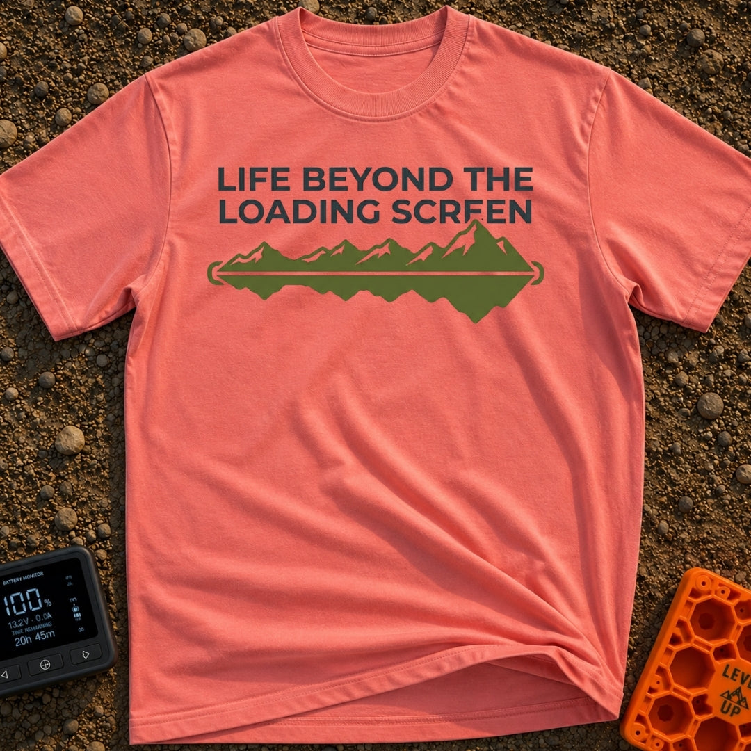 Outside Is Loading - T-Shirt in Watermelon - The design features the text "LIFE BEYOND THE LOADING SCREEN" above a green...