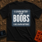 Lifepo4 Is Like Boobs - T-Shirt in Black - A graphic resembling a dark blue technical blueprint with the text 'A LiFePO4...