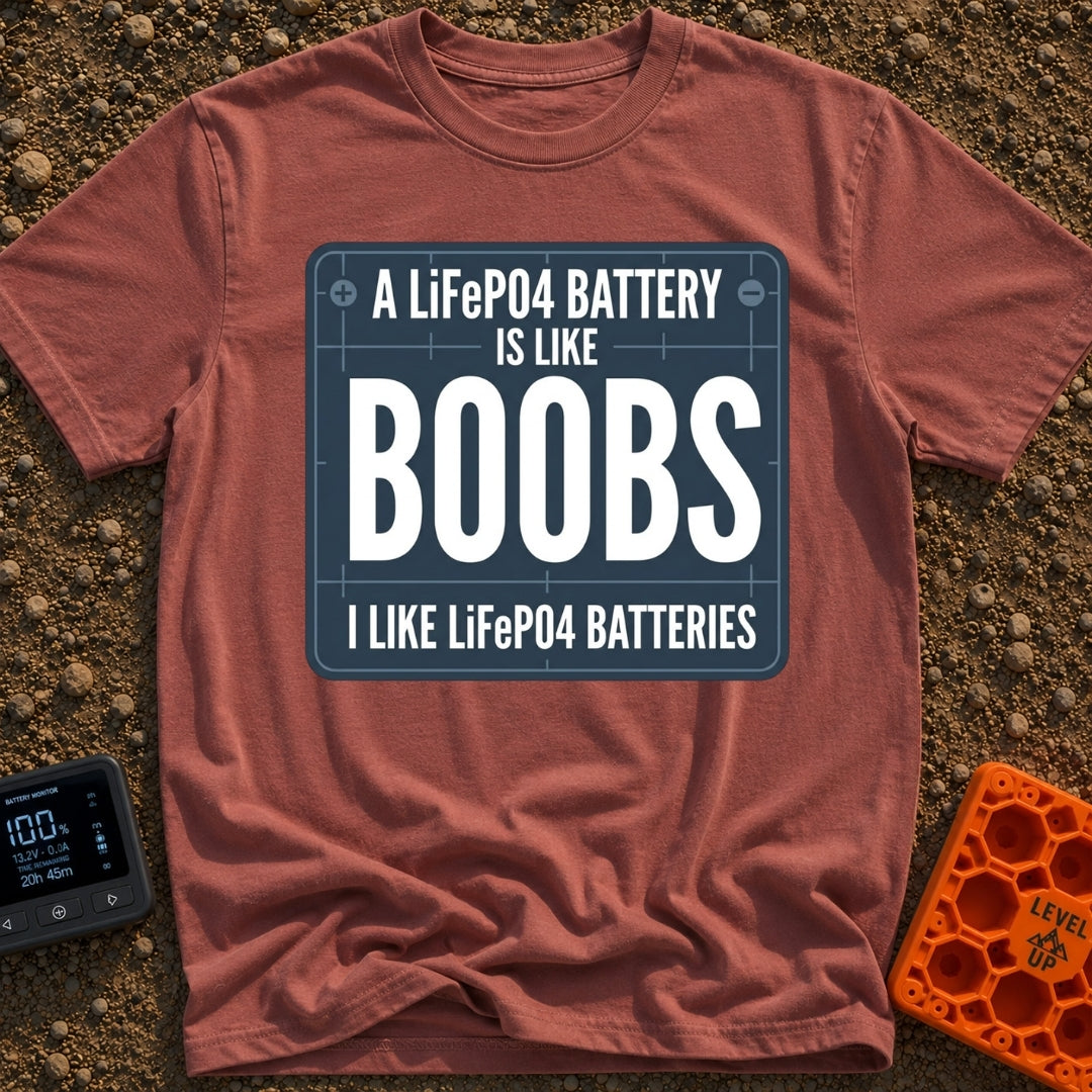 Lifepo4 Is Like Boobs - T-Shirt in Brick - A graphic resembling a dark blue technical blueprint with the text 'A LiFePO4...