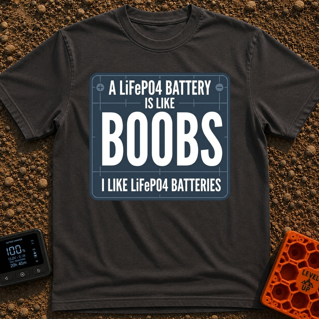 Lifepo4 Is Like Boobs - T-Shirt in Graphite - A graphic resembling a dark blue technical blueprint with the text 'A...