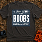 Lifepo4 Is Like Boobs - T-Shirt in Graphite - A graphic resembling a dark blue technical blueprint with the text 'A...
