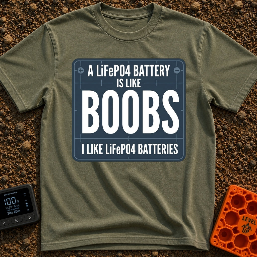 Lifepo4 Is Like Boobs - T-Shirt in Moss - A graphic resembling a dark blue technical blueprint with the text 'A LiFePO4...