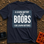 Lifepo4 Is Like Boobs - T-Shirt in Navy - A graphic resembling a dark blue technical blueprint with the text 'A LiFePO4...