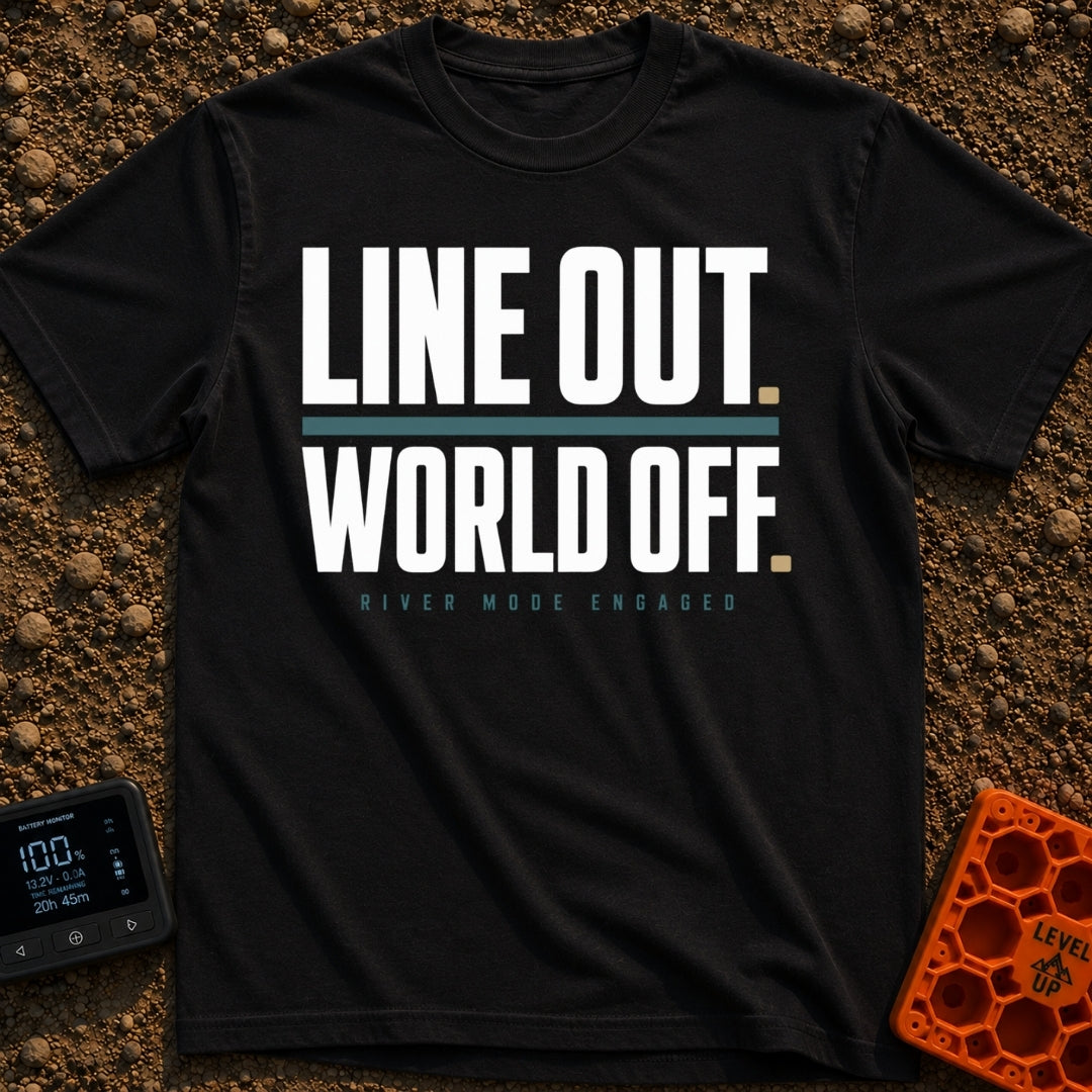 Disconnect to Reconnect - T-Shirt in Black - A text-based design displaying the large, faded white phrases "LINE OUT."...